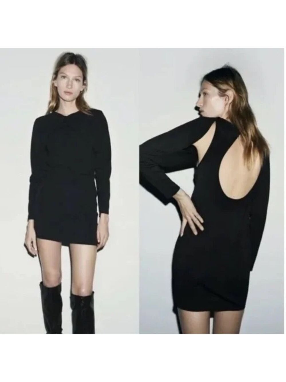 Zara Black Knotted Overlay Detail Backless Cut Out mini Dress long sleeve S NWOT